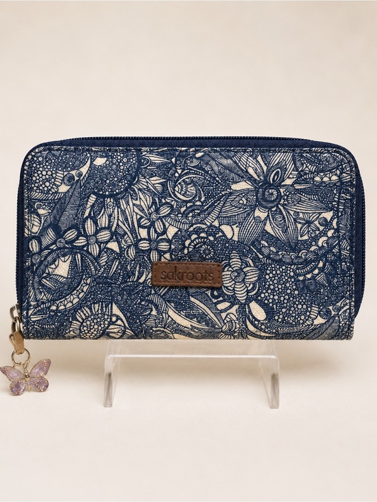 Sakroots Handbags - Sakroots Navy and Cream Floral Zip-Around Wallet with Butterfly Charm